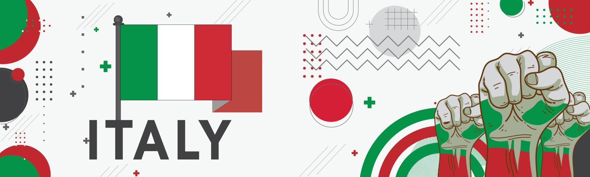 bannière Italie nationale journée avec italia drapeau couleurs thème Contexte et géométrique abstrait rétro moderne vert rouge blanc conception. italien personnes. des sports Jeux partisans vecteur illustration.