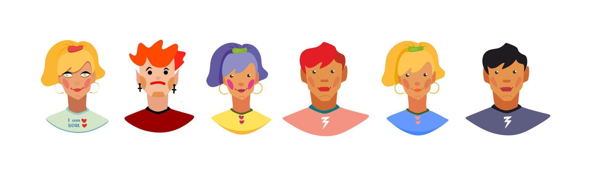six adolescent personnages avec différent coiffures, peau couleur. brillant, dessin animé portraits.icons de personnes, plat style. mignonne visages de les enfants. multicolore cheveux. élégant, magnifique personnages. avatars vecteur