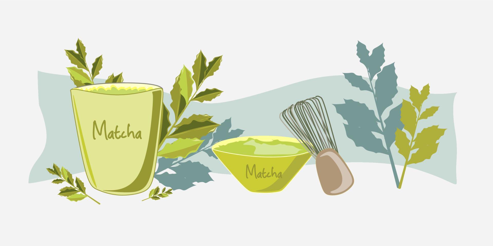 matcha thé set.vector plat illustration.douce vert Couleur vecteur