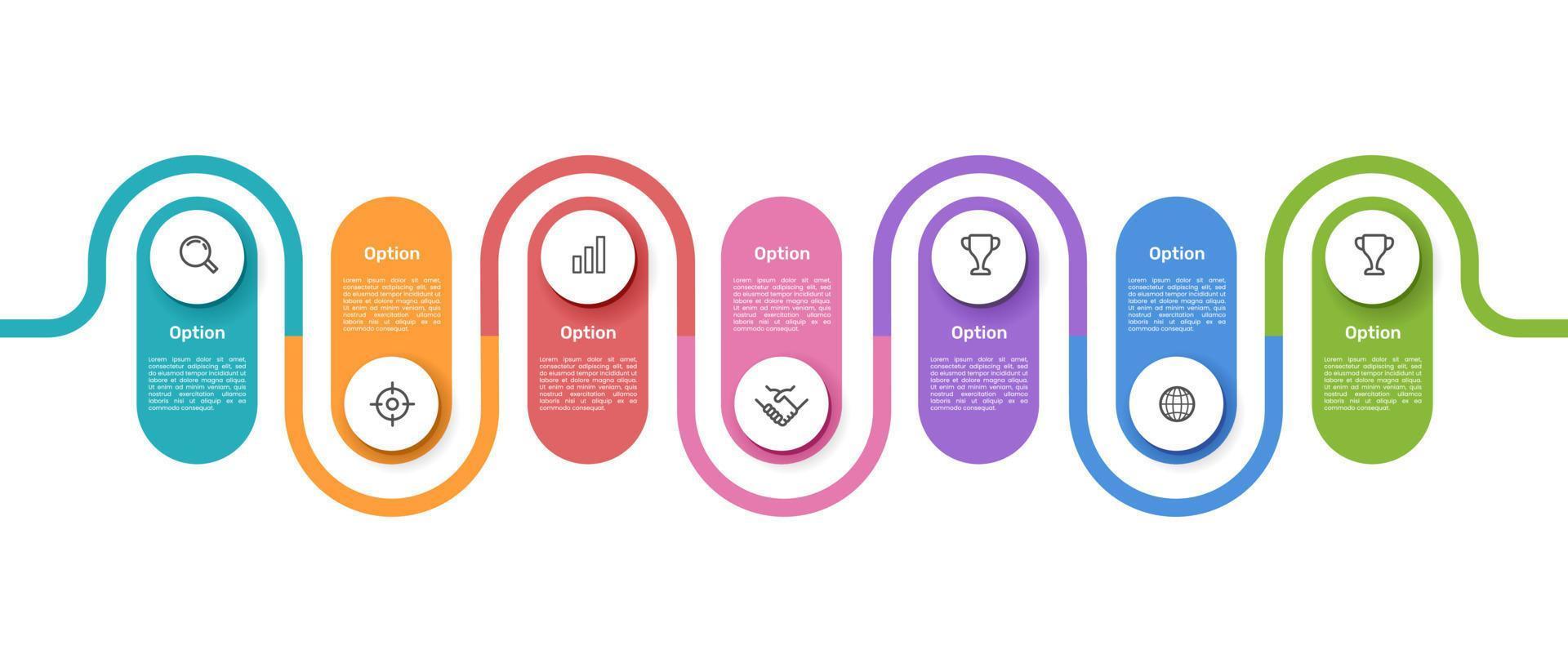 affaires infographie avec sept les options coloré sur chronologie diagrammes sur blanc Contexte. vecteur