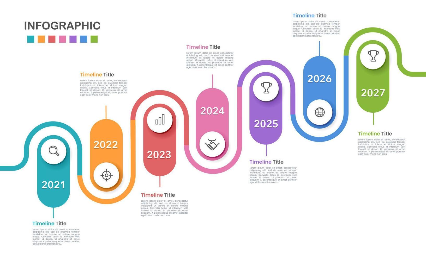 infographie chronologie affaires sept années. le rapport, présentation, données, jalon, et infographie. vecteur illustration.