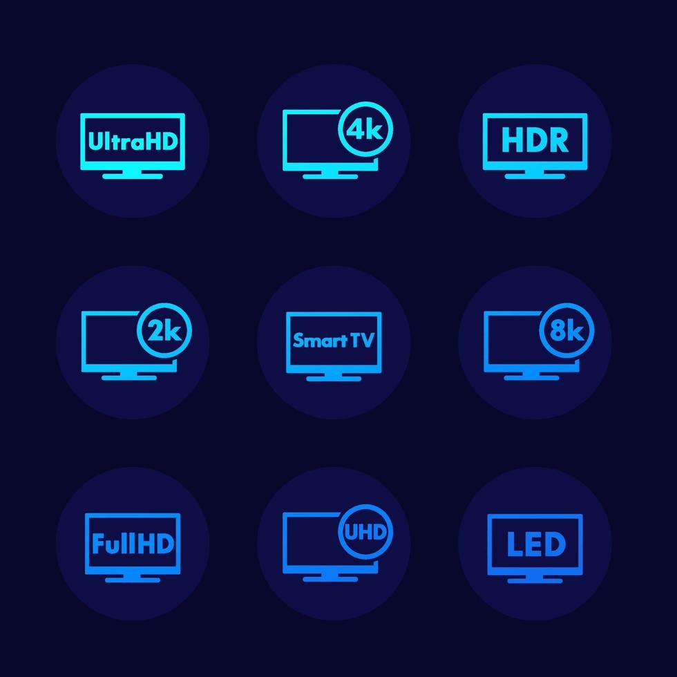 tv ultra hd, full hd, 4k, vidéo 8k et jeu d'icônes haute définition vecteur