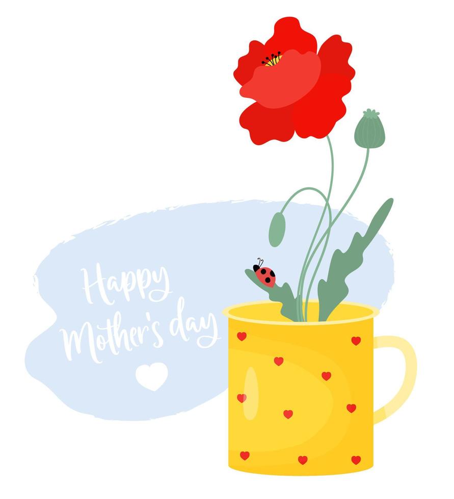 fleur rouge coquelicot avec coccinelle sur feuille dans Coupe. content les mères journée salutation carte. vecteur illustration.