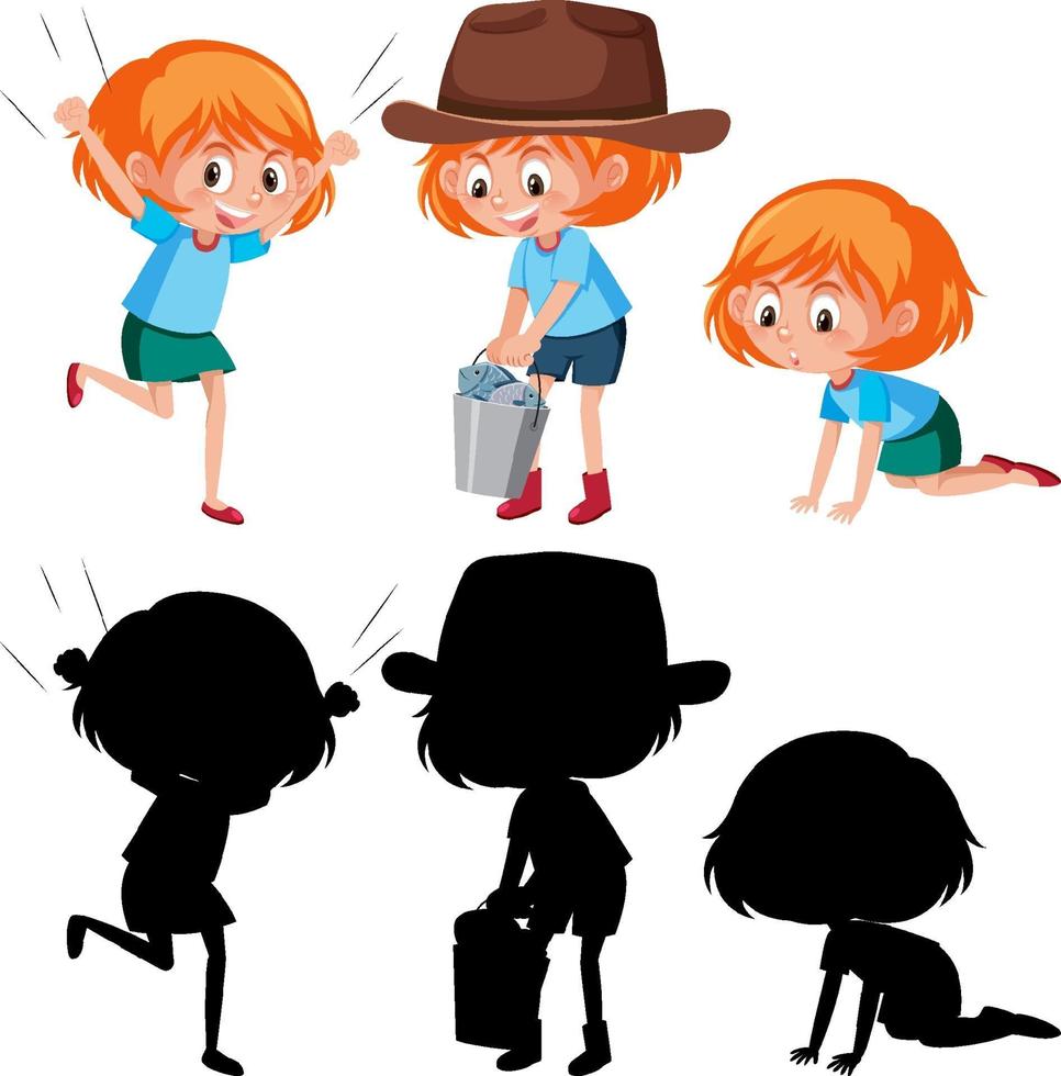 personnage de dessin animé d & # 39; une fille faisant différentes activités avec la silhouette vecteur
