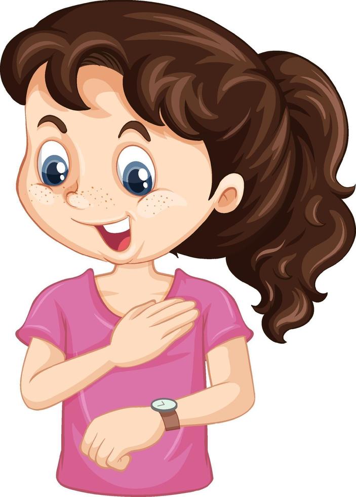 personnage de dessin animé fille regardant montre-bracelet vecteur