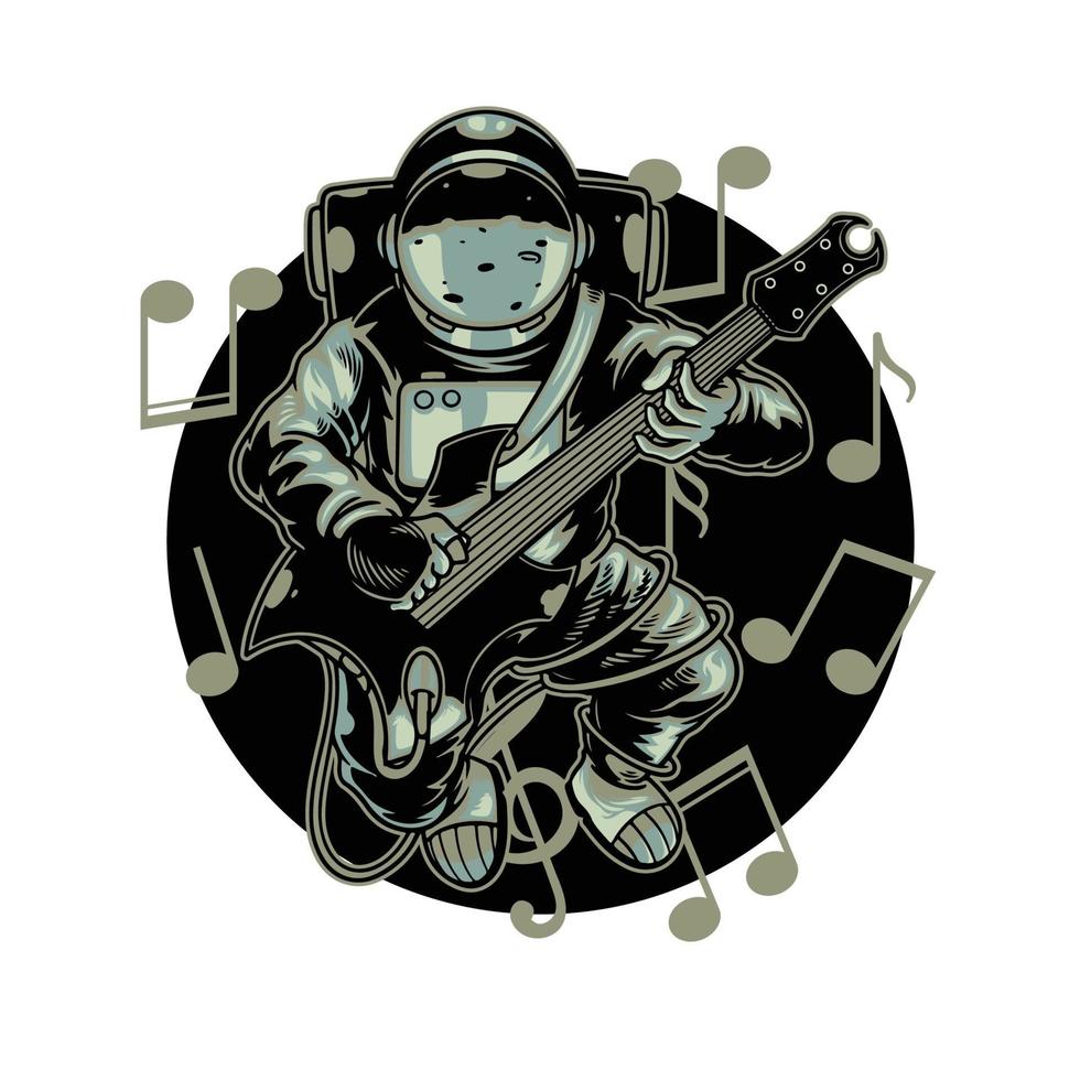 astronaute jouant de la guitare électrique dans l'espace avec signe de mélodie. heureux cosmonaute jouer astro rock sur planète vecteur dessin animé illustration tee graphique papier peint affiche textile à la maison impression design