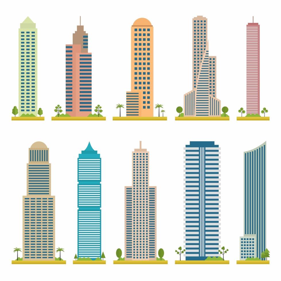 ensemble de bâtiments de tour de vecteur plat moderne. tours urbaines dans le style de dessin animé de la ville. conception de concept de fond icône. thème de construction de gratte-ciel de la ville dans la conception de dessin animé. illustration vectorielle plane