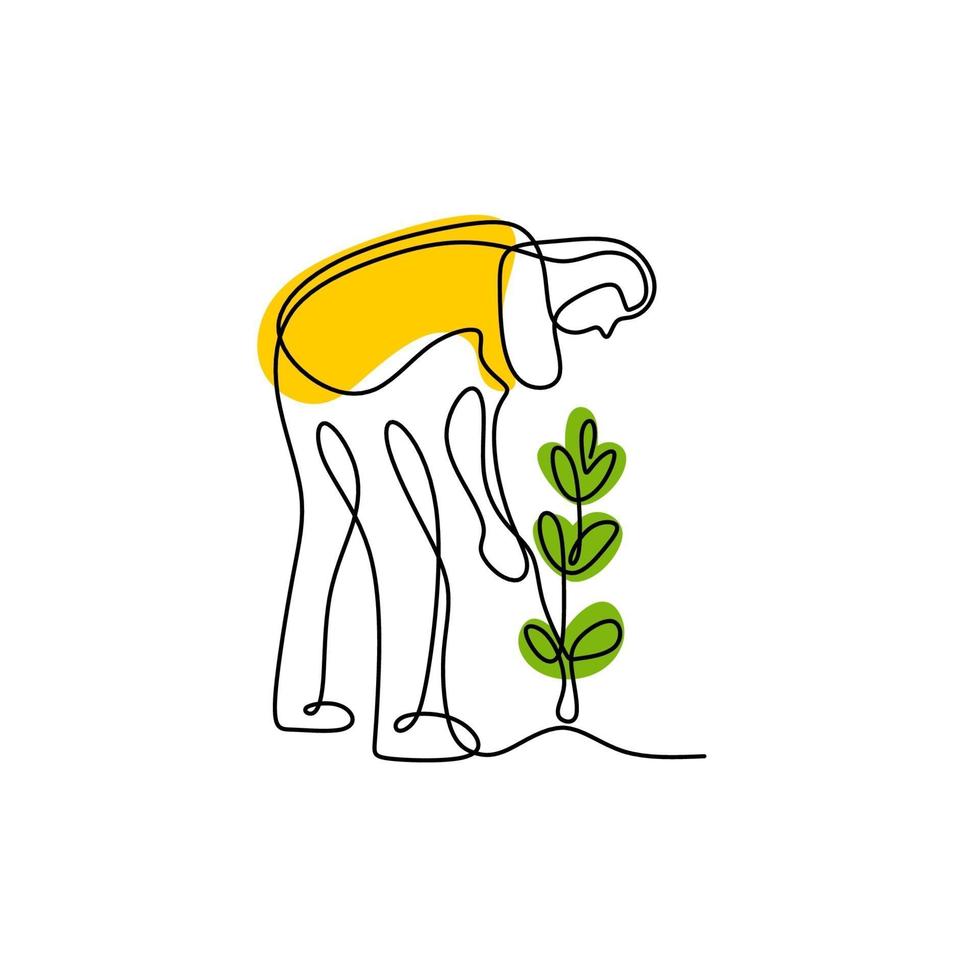 un dessin au trait d'une jeune mère plantant une plante à la maison. femme heureuse qui aime le jardinage prend soin de ses plantes. concept de jardinage ou de plantation. style minimaliste. illustration vectorielle vecteur