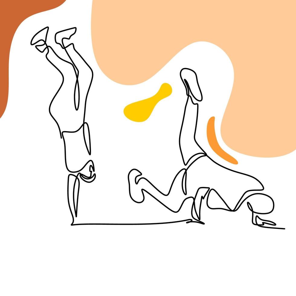 un dessin au trait continu jeune homme danseur de rue moderne exécutant la danse hip hop sur la scène. jeune homme faisant du break dance. concept de danse sportive. illustration vectorielle design minimaliste vecteur