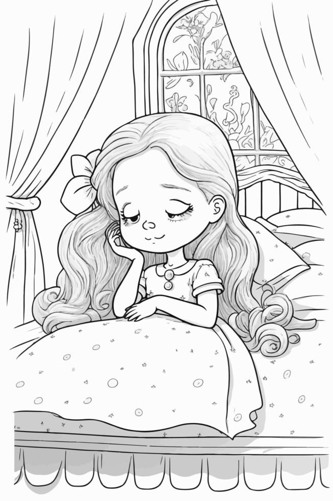 une fille est en train de dormir dans sa lit avec une dessin de une fille avec longue cheveux. vecteur