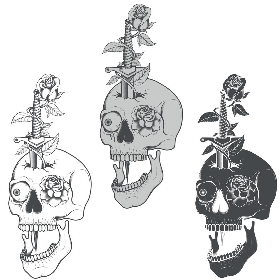 conception de vecteur de crâne et de roses de poignard en niveaux de gris