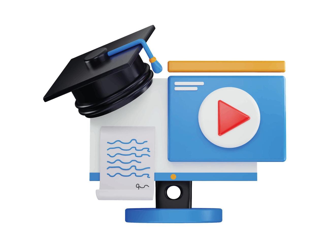 3d le rendu ordinateur moniteur avec une l'obtention du diplôme casquette et vidéo joueur icône illustration vecteur