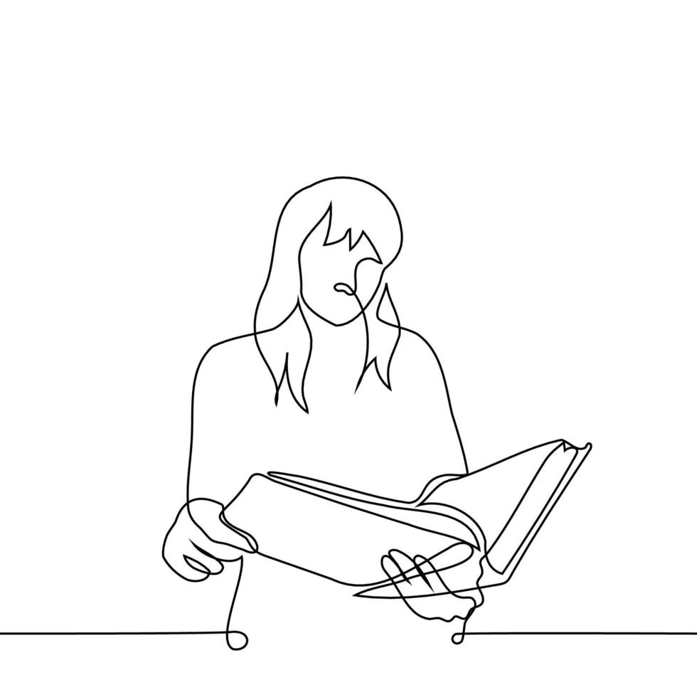 femme permanent avec ouvert épais livre - un ligne dessin vecteur. concept lecteur dans le bibliothèque, client dans le librairie vecteur