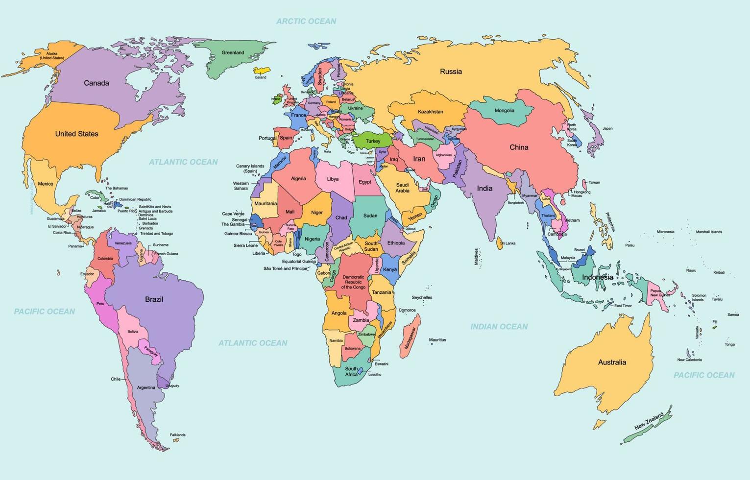 coloré monde carte avec pays des noms vecteur