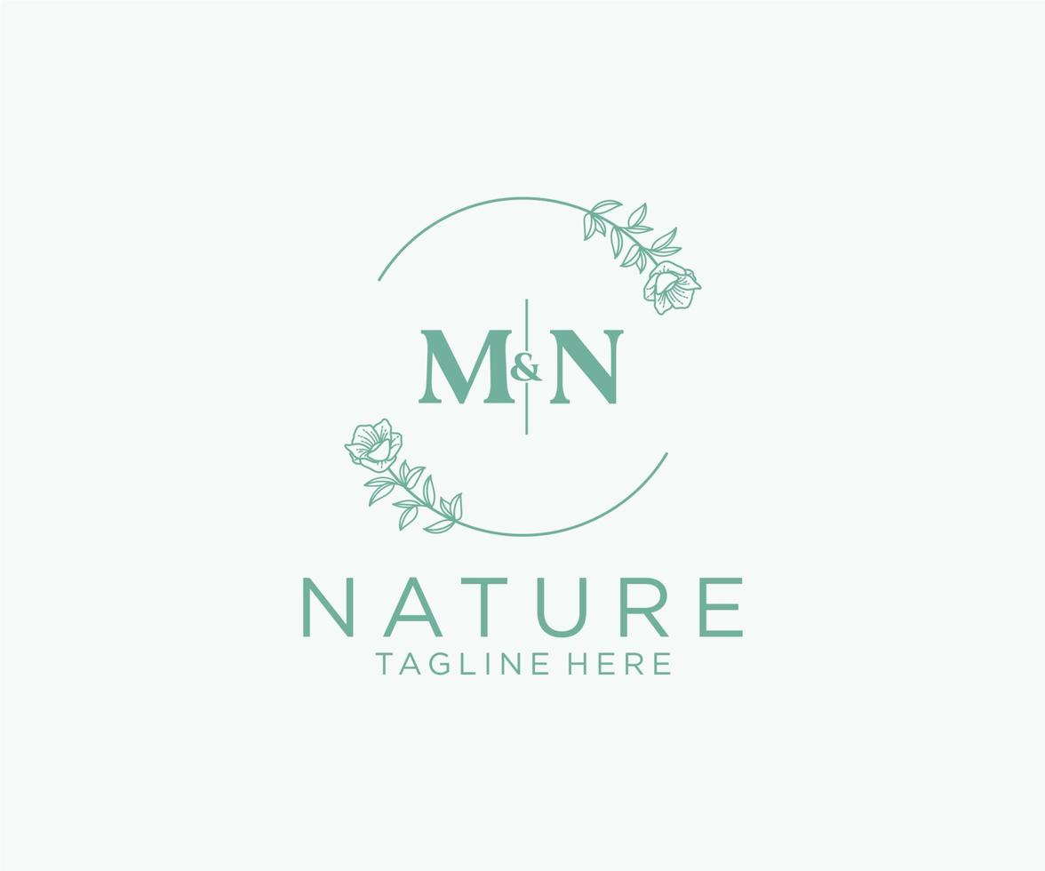 initiale mn des lettres botanique féminin logo modèle floral, modifiable premade monoline logo adapté, luxe féminin mariage l'image de marque, entreprise. vecteur