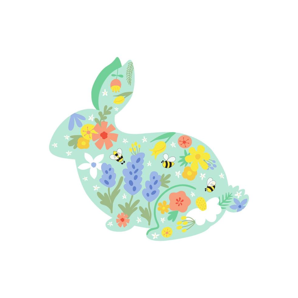 floral Pâques lapin. floral lapin. printemps lapin content Pâques lapin vecteur illustration isolé graphique éléments. main tiré fleurs, mignonne lapin. content Pâques décoratif élément. printemps couleurs.