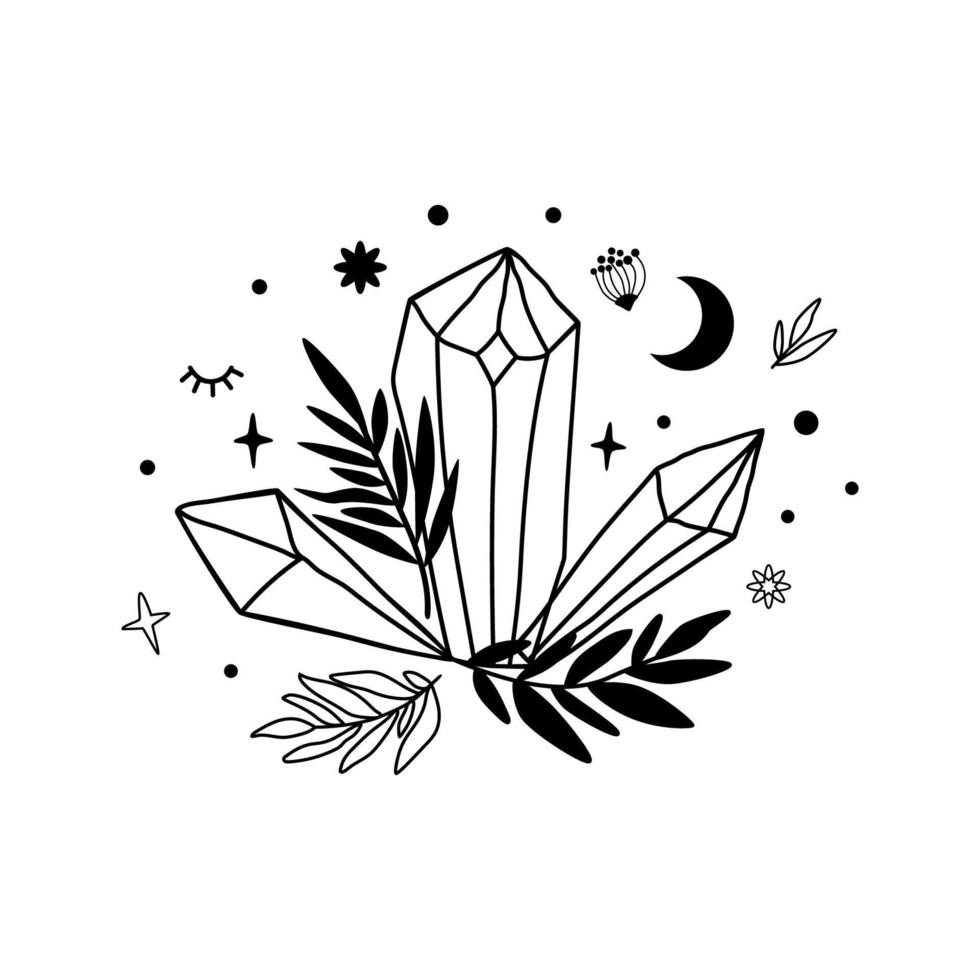 cristal lune dessin. mignonne astrologie cristaux, étoiles feuilles. mystique T-shirt imprimer. la magie céleste noir isolé élément. main tiré graphique astrologie symbole. mystique magique vecteur illustration