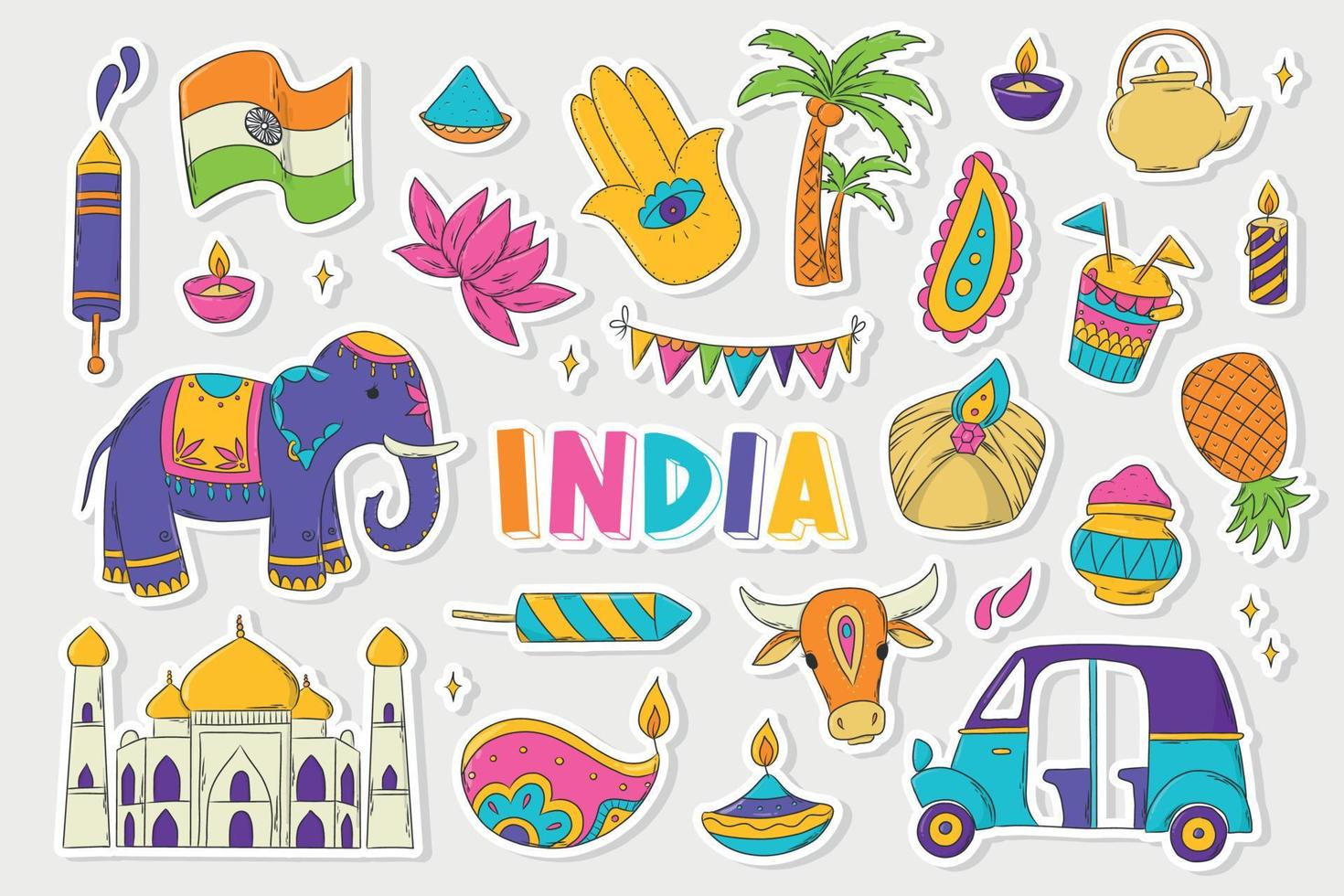 main tiré pack de autocollants pour Inde, Indien vacances, culture. agrafe art, griffonnages, dessin animé éléments pour impressions, cartes, affiches, panneaux, Icônes, planificateurs, etc. salut, diwali thème. eps dix vecteur