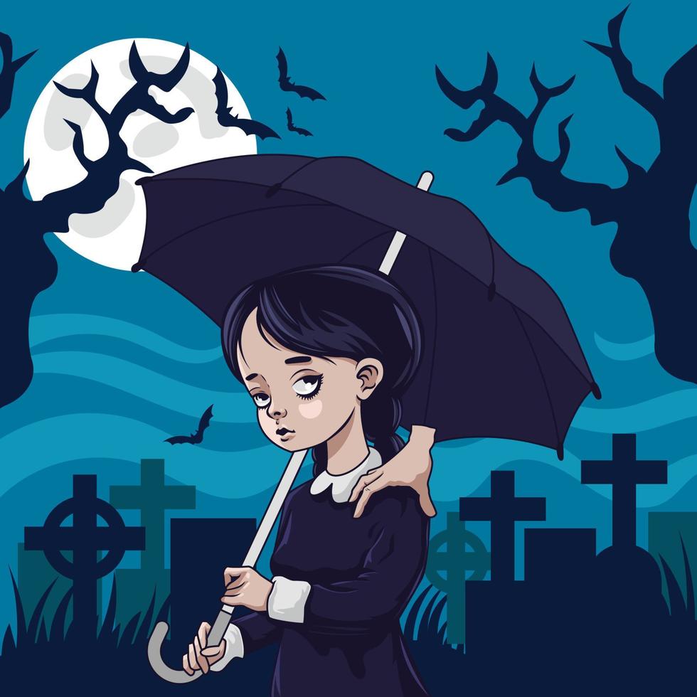 fille permanent dans le de face de cimetière en portant un parapluie vecteur