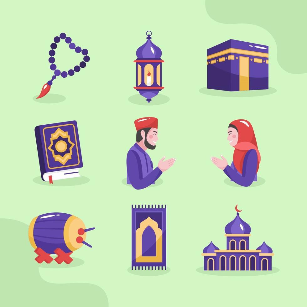 eid mubarak avec un jeu d'icônes simple vecteur