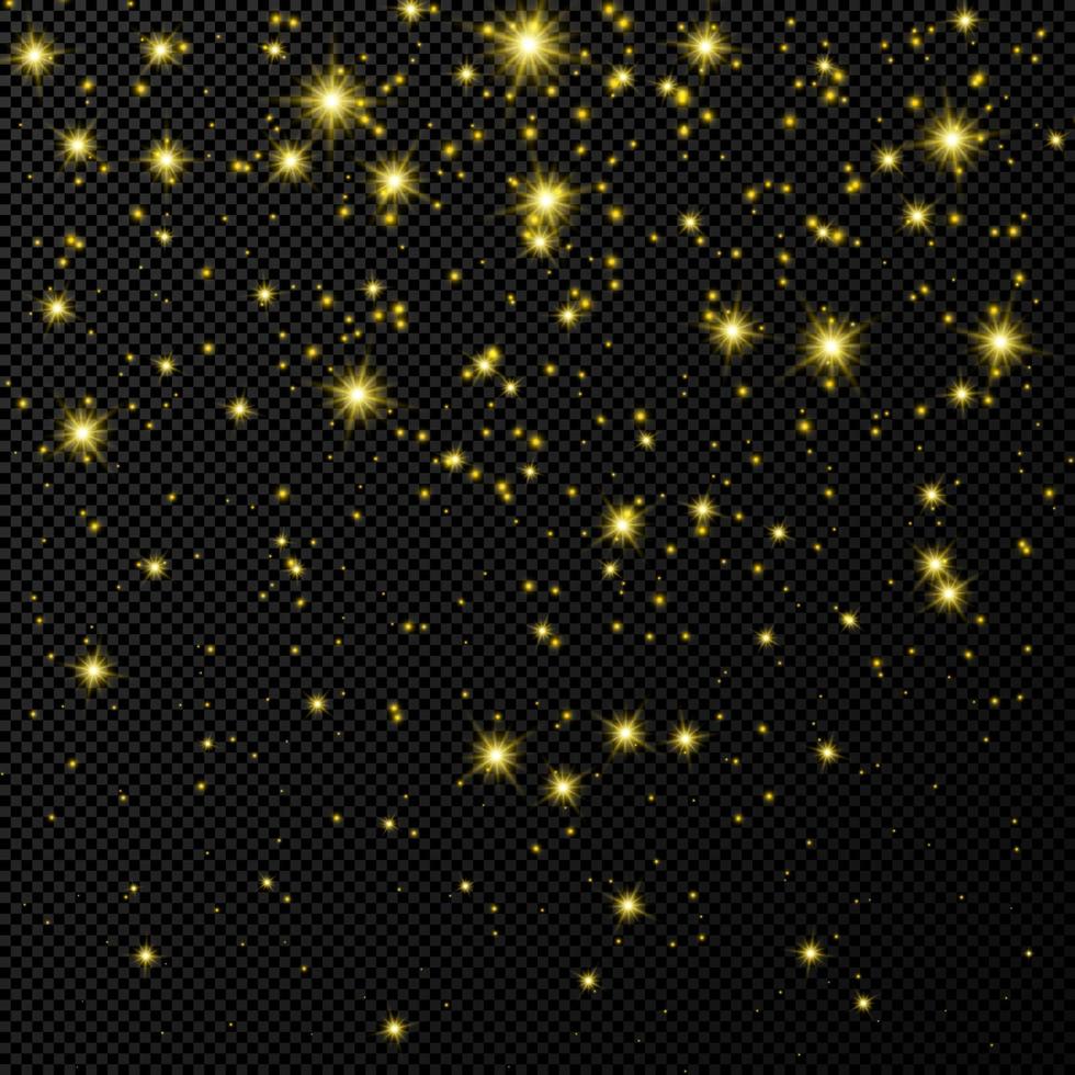 toile de fond dorée avec des étoiles et des étincelles de poussière isolées sur fond transparent foncé. effet de lumière brillant de noël magique de célébration. illustration vectorielle. vecteur