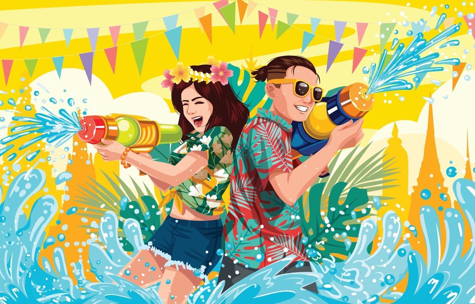 couple jouant au pistolet à eau au festival de songkran vecteur