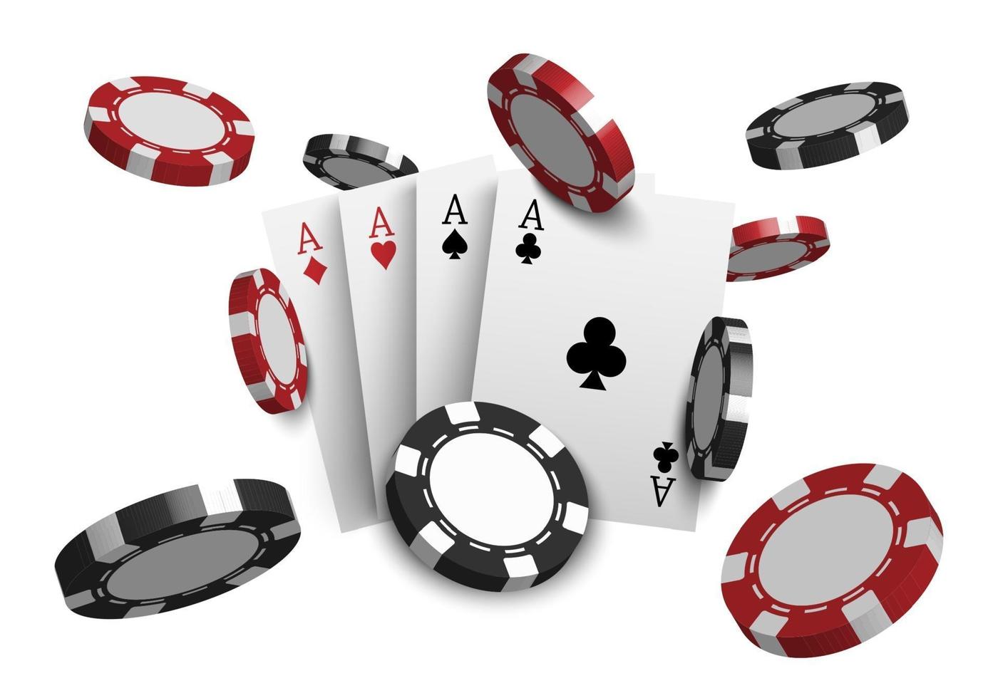 Cartes de poker de casino 3D et jetons de jeu isolés sur fond blanc, illustration vectorielle vecteur