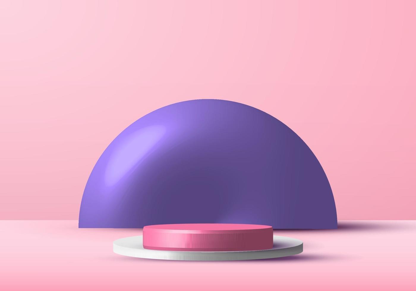 Scène de studio de podium de rendu rose et blanc réaliste 3D pour vitrine d'affichage avec fond de cercle violet. vecteur