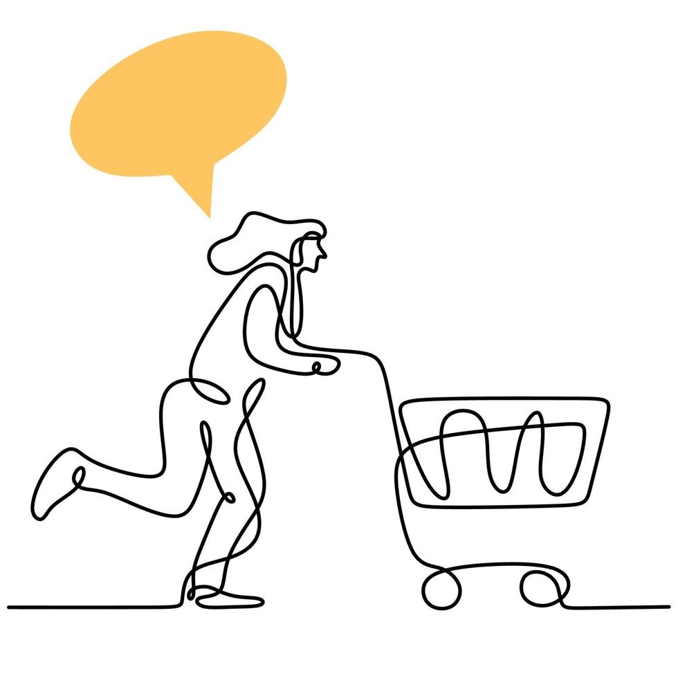 une ligne continue dessinant des jeunes femmes heureuses faisant du shopping ensemble au super marché et poussant le chariot faire des achats sur le marché pour les besoins quotidiens. concept de dépenses mensuelles. illustration de conception de vecteur