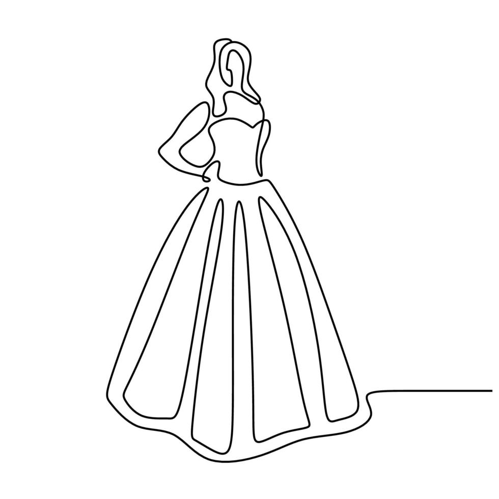 modèle de femme de beauté vêtue d'une robe sexy. Une femme de dessin au trait continu en robe élégante debout pose et regarde si jolie isolée sur fond blanc. concept de robe de mode féminine vecteur