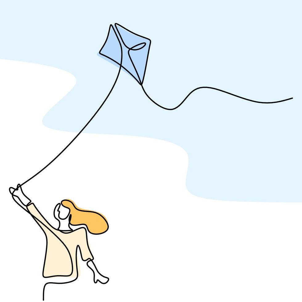 un dessin au trait d'une jeune fille adolescente heureuse jouant à voler le cerf-volant dans le ciel au champ extérieur en été. thème créatif de la liberté et de la passion design minimaliste dessiné à la main vecteur