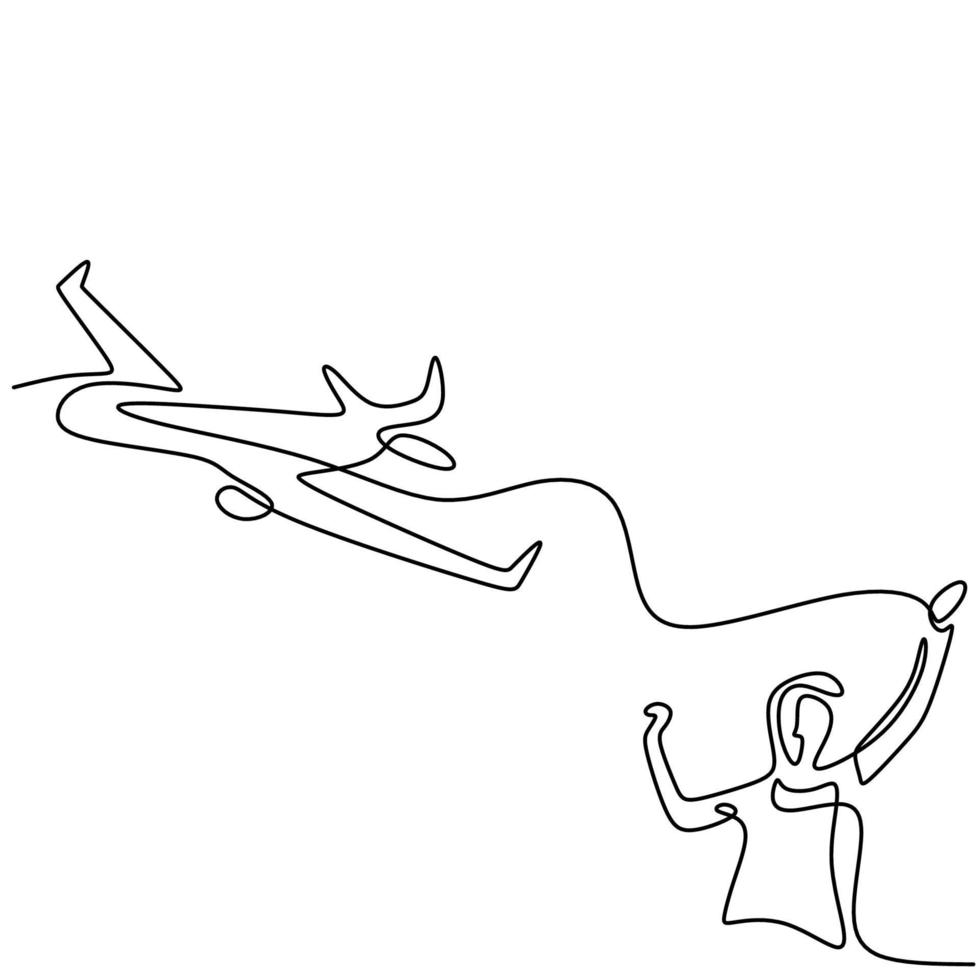 un dessin au trait continu d'un jeune homme lançant un avion jouet sur le terrain. heureux adolescent garçon jouant avion dans le ciel isolé sur fond blanc. thème de l'activité estivale. illustration vectorielle vecteur