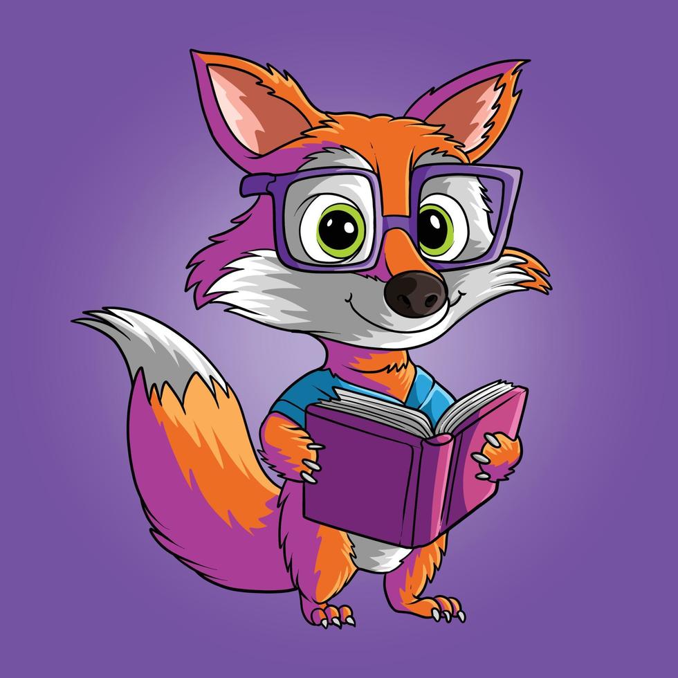 Renard avec des lunettes en train de lire livre dessin animé vecteur