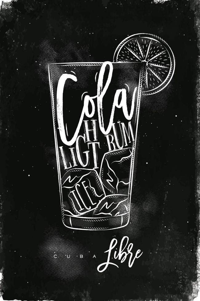 Cuba libre cocktail caractères Cola, lumière rhum, la glace dans ancien graphique style dessin avec craie sur tableau noir Contexte vecteur