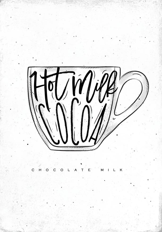 Chocolat Lait tasse caractères chaud lait, cacao dans ancien graphique style dessin sur sale papier Contexte vecteur