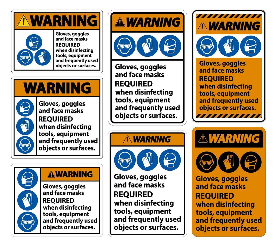 Gants d'avertissement, lunettes et masques faciaux requis signe sur fond blanc, illustration vectorielle eps.10 vecteur