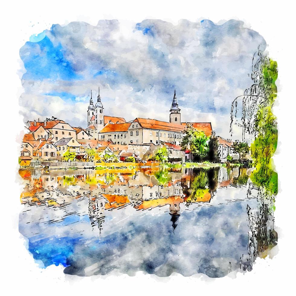 architecture ville république tchèque croquis aquarelle illustration dessinée à la main vecteur