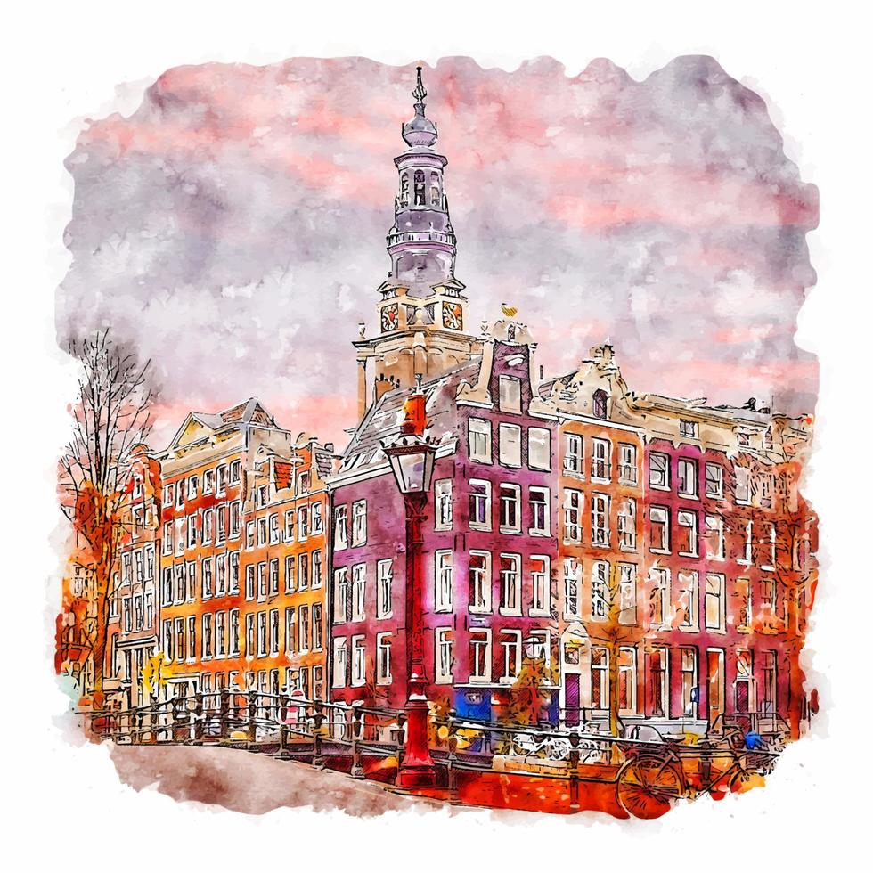 amsterdam pays-bas aquarelle croquis dessinés à la main illustration vecteur