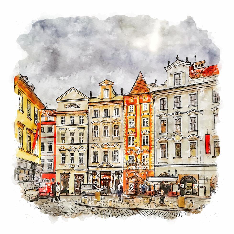 prague république tchèque croquis aquarelle illustration dessinée à la main vecteur