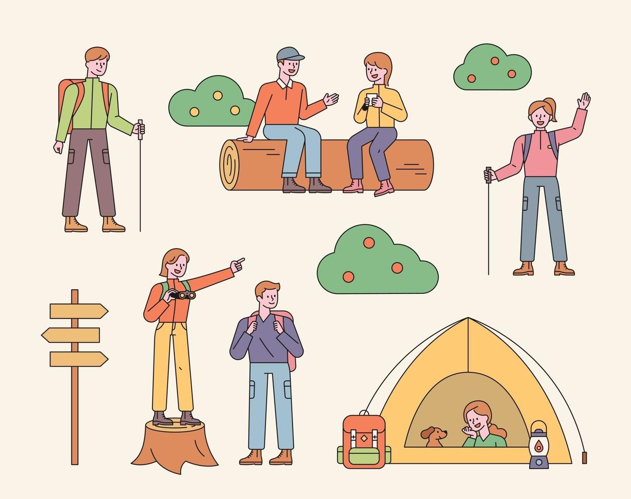 les gens font du camping et de la randonnée. illustration vectorielle minimale de style design plat. vecteur