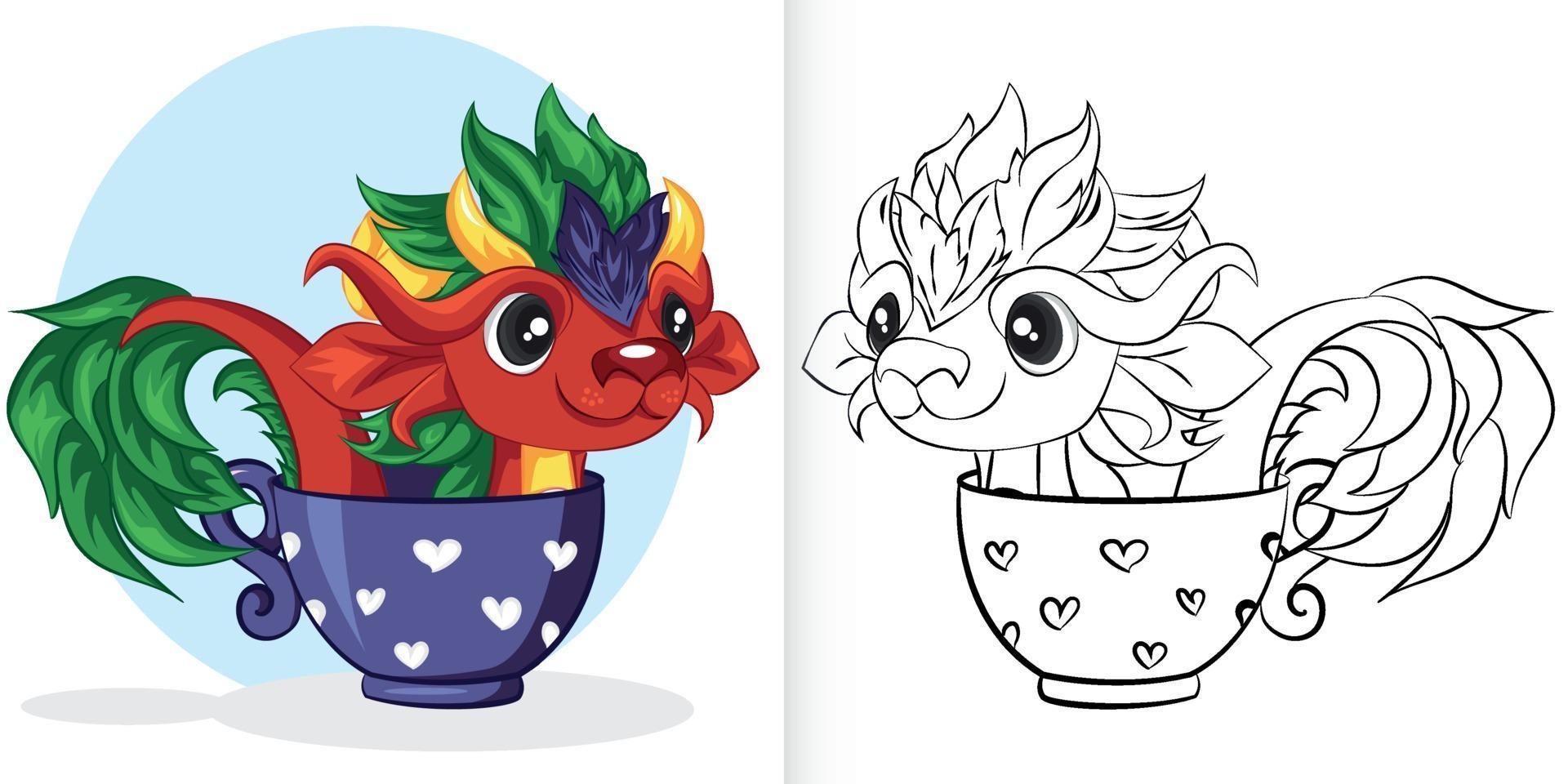 joli dragon rouge en tasse. livre de coloriage pour les enfants d'âge préscolaire. vecteur