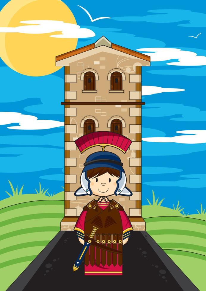 mignonne dessin animé romain soldat à la tour histoire illustration vecteur