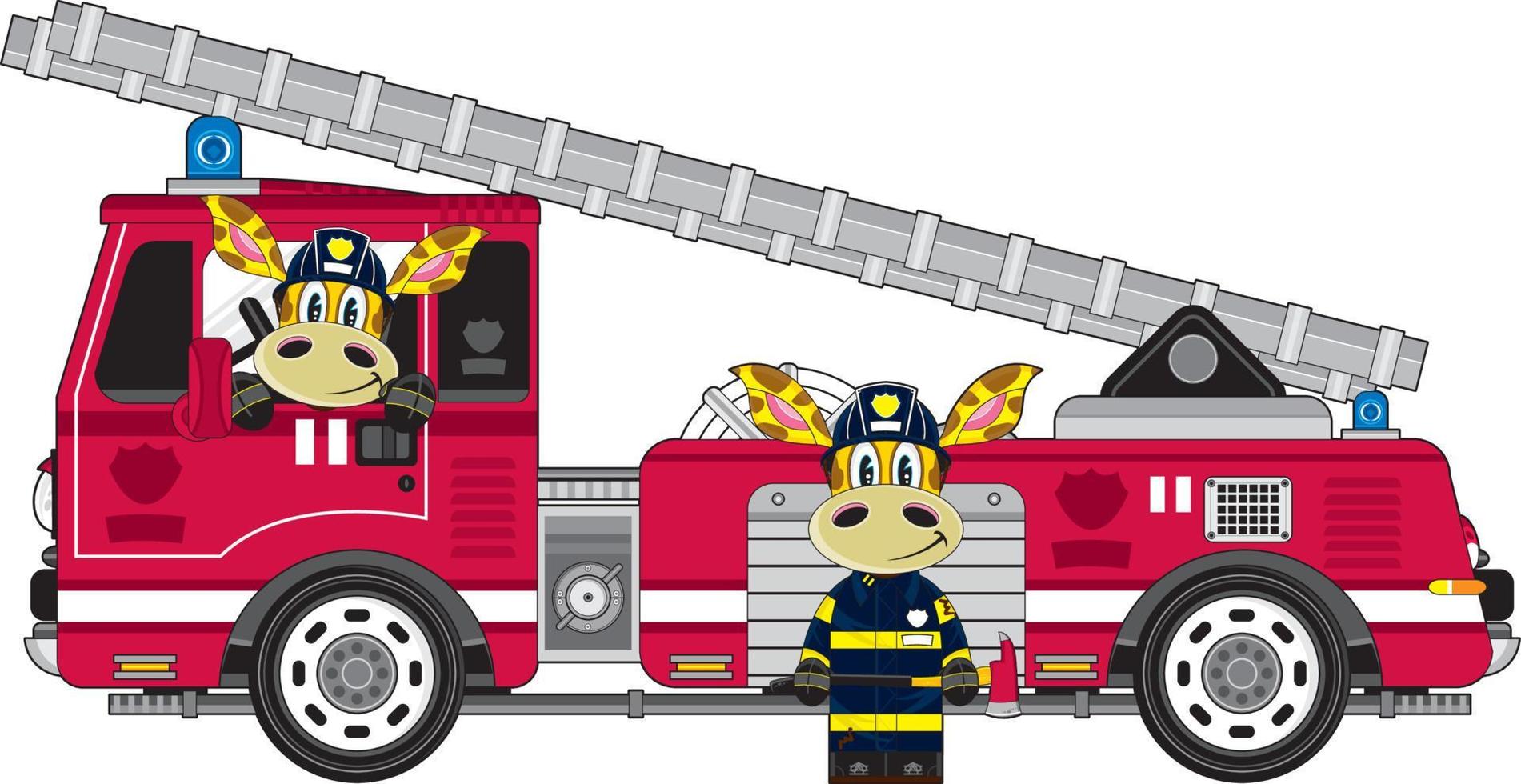 mignonne dessin animé girafe pompiers et Feu moteur vecteur