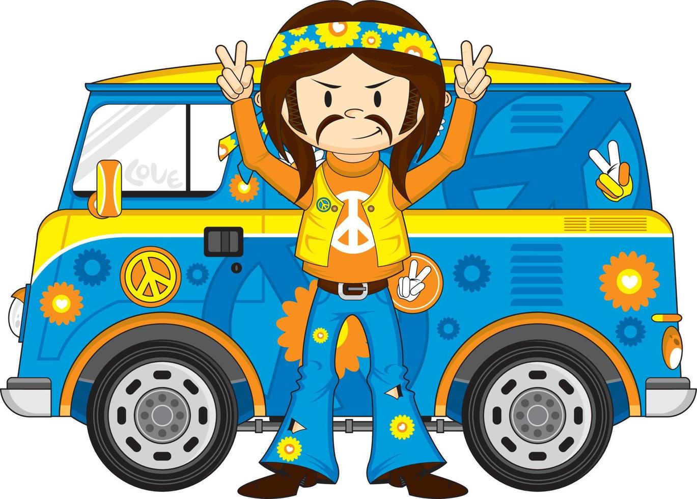 dessin animé années soixante hippie personnage avec campeur van vecteur