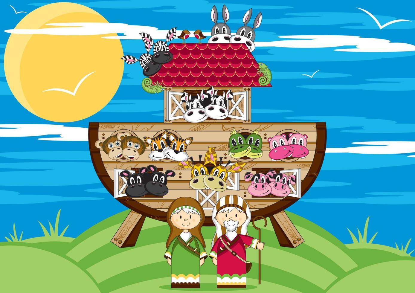 Noé et le arche avec animaux deux par deux - biblique illustration vecteur