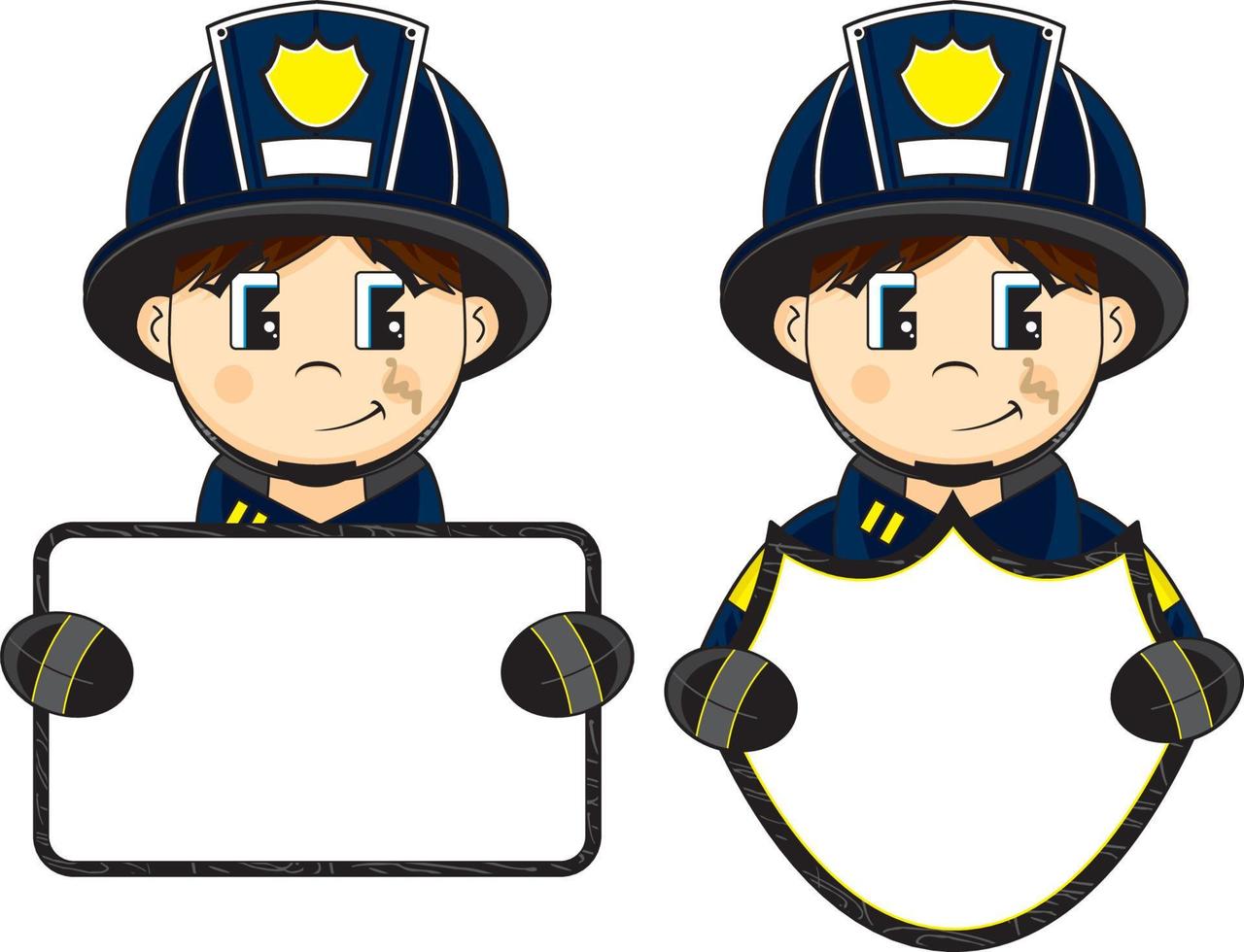 mignonne dessin animé pompier personnage en portant une signe vecteur