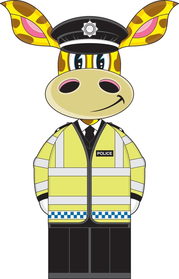 dessin animé classique Britanique girafe policier personnage dans haute visibilité veste vecteur