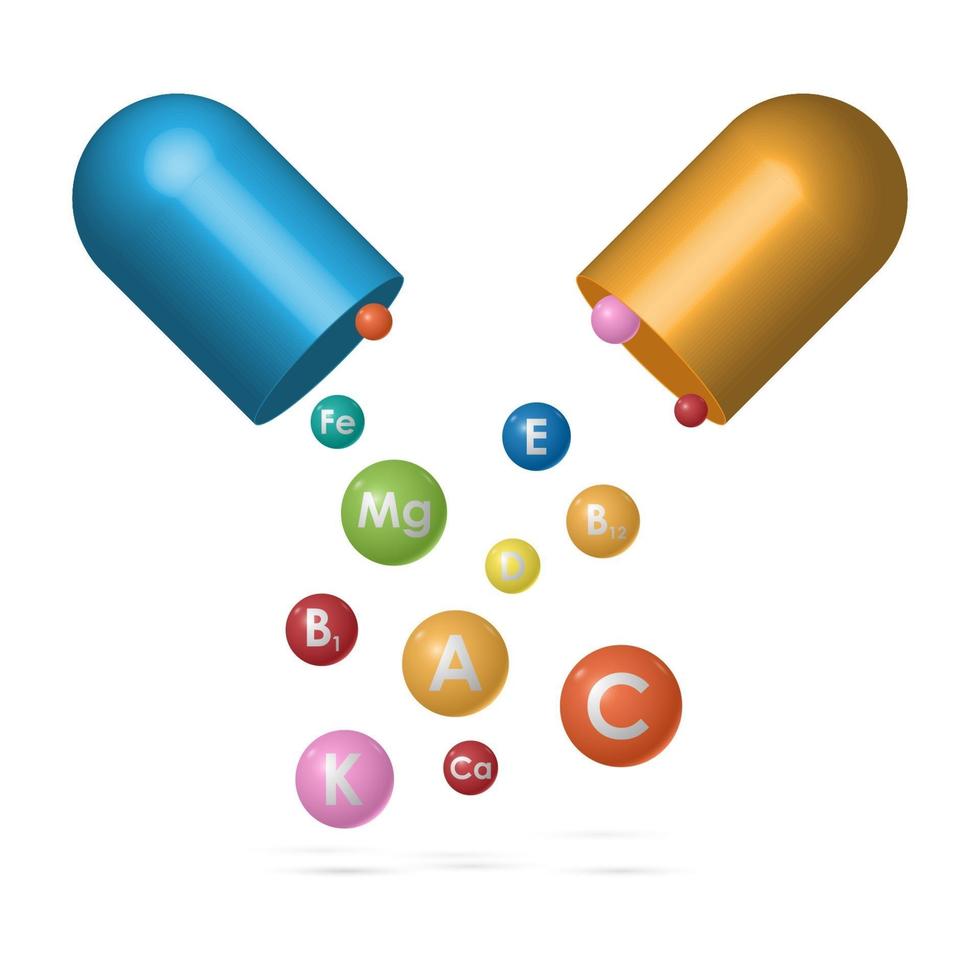 complexe de vitamines de capsule de pilule, complexe de vitamines et de minéraux essentiels, médecine et santé, illustration vectorielle vecteur