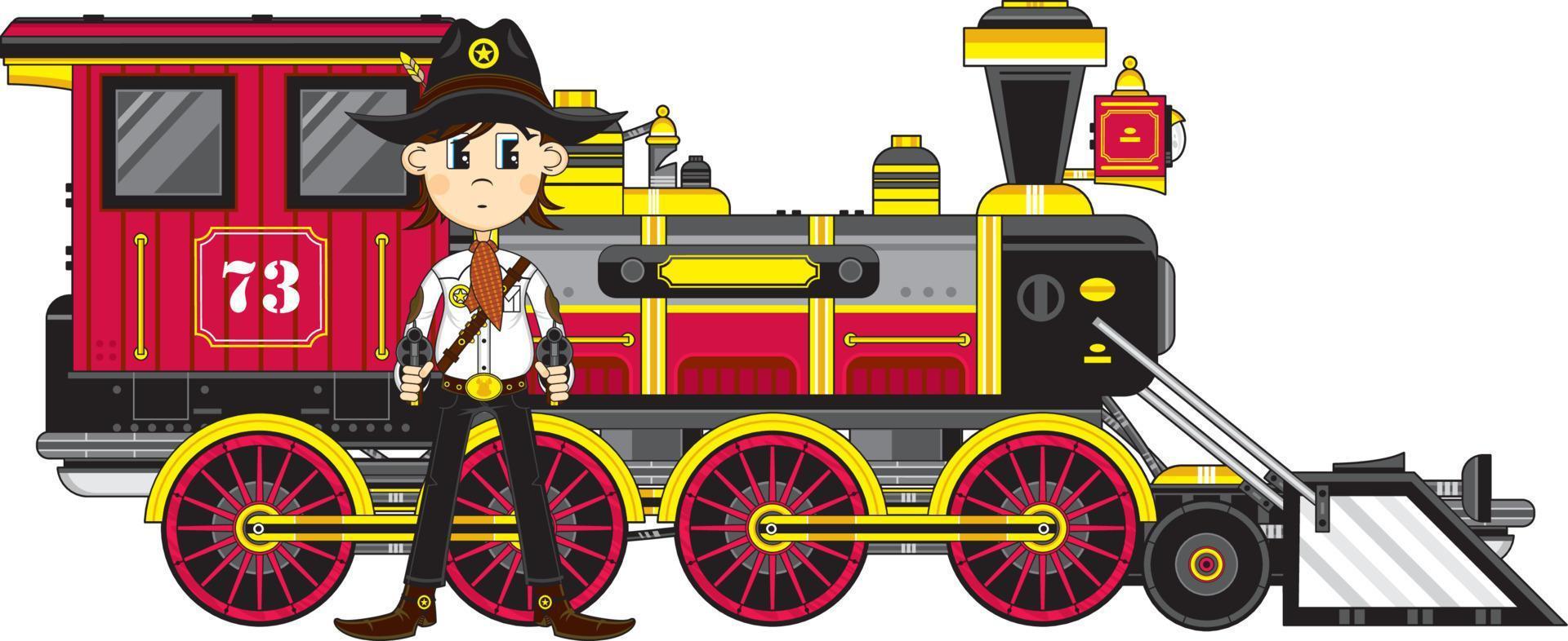 mignonne dessin animé sauvage Ouest cow-boy shérif avec vapeur train vecteur