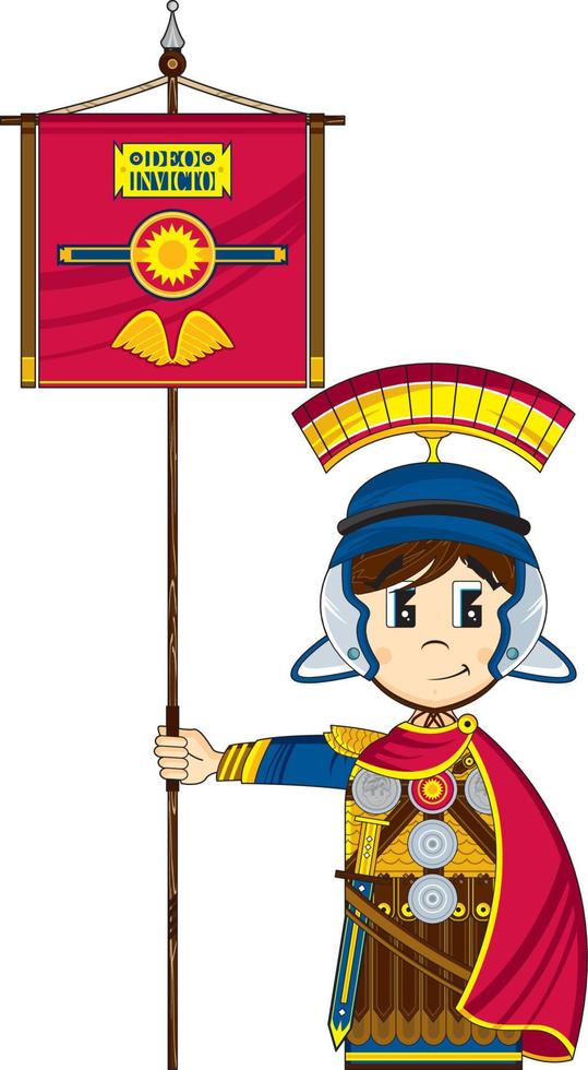 mignonne dessin animé romain centurion avec bannière drapeau histoire illustration vecteur